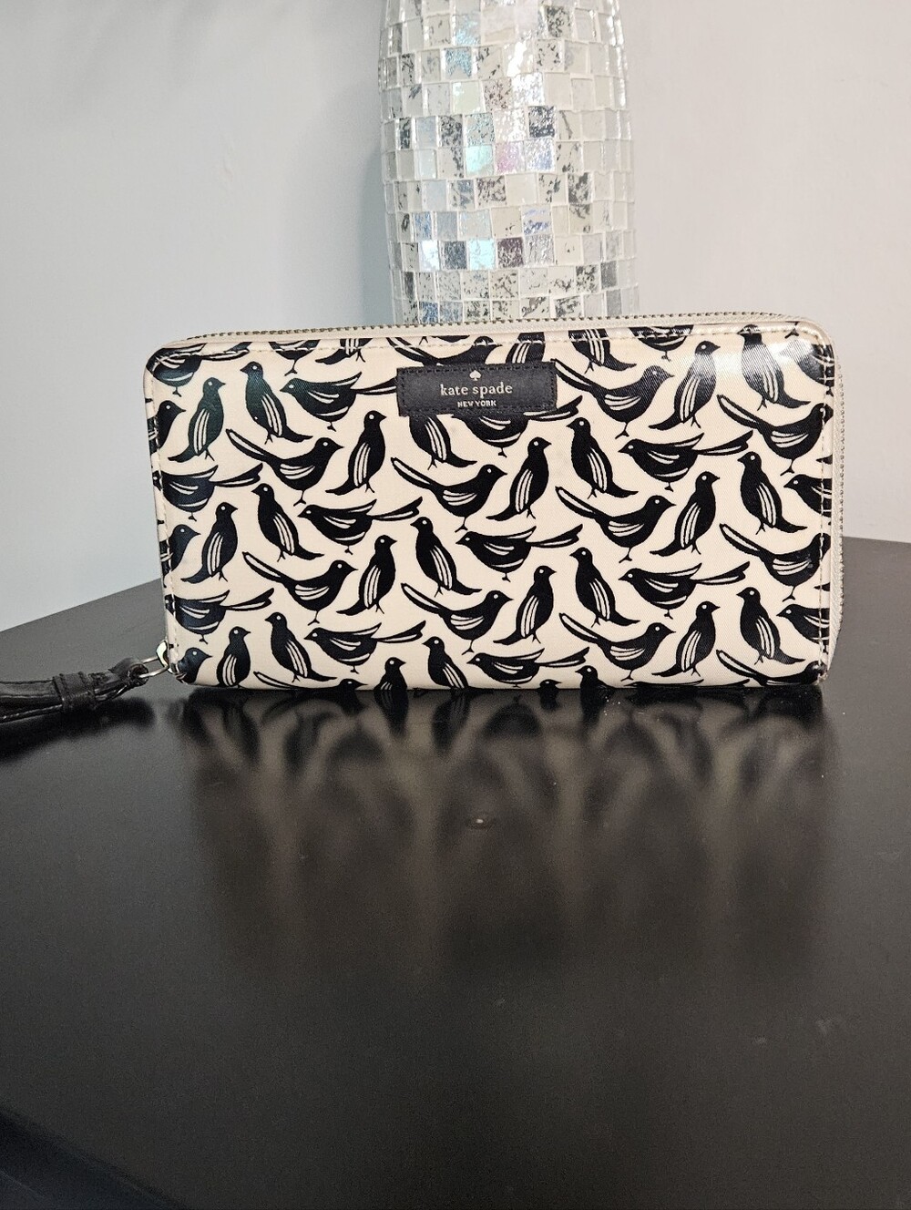 Kate Spade Bird Print Zip Around Wallet - Black on Cream